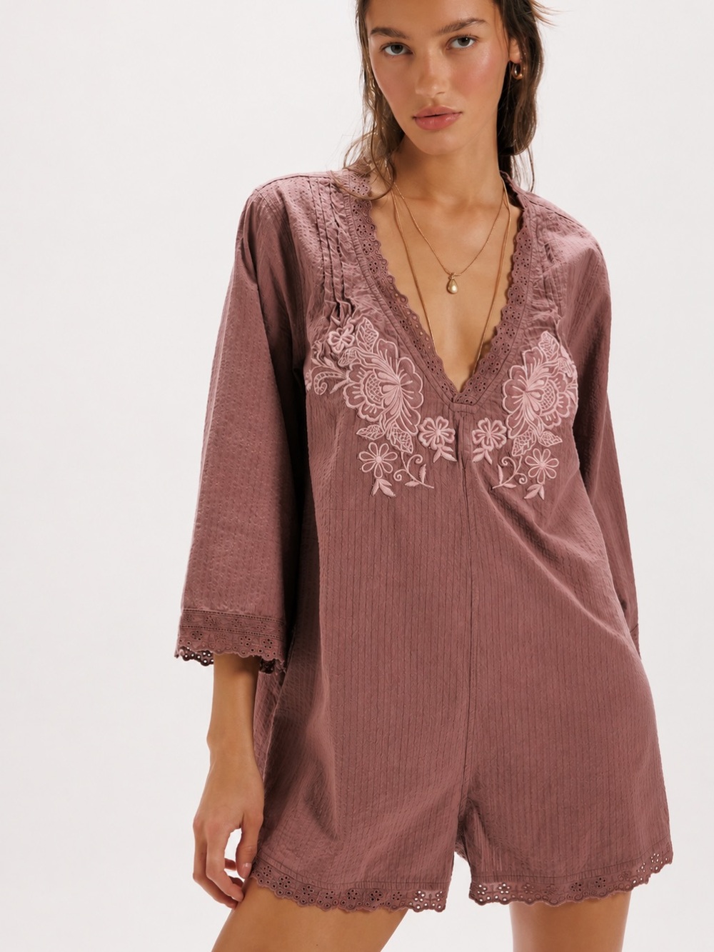 Free People Cawley Embroidered Romper Elderberry Pink Boho Size Small NWT